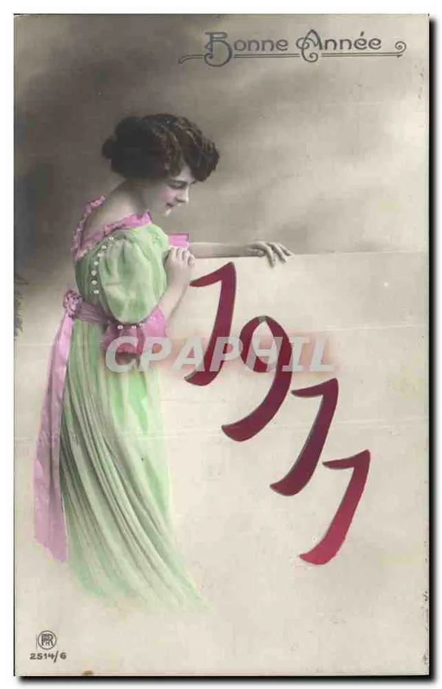 Frau in grünem und rosemfarbenem Kleid — Frohes Neues Jahr 1927 — 2514/6 - Vorderseite