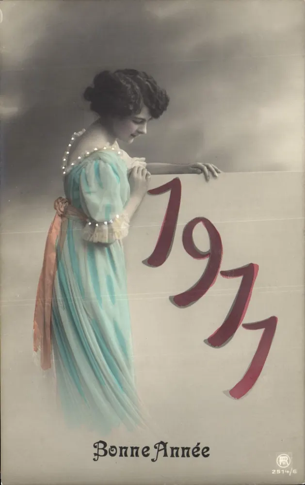 Frau im Blauen Kleid — Frohes Neues Jahr 1977 — Verlag PR, Nr. 2514/6 - Vorderseite