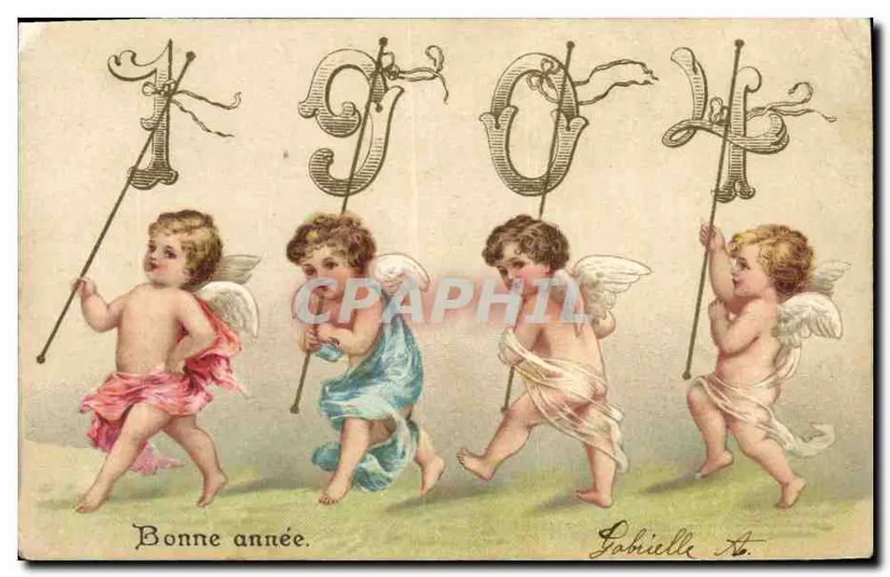 Quatre petits anges — 'Bonne année' — éditeur Gabrielle Ab. - Recto