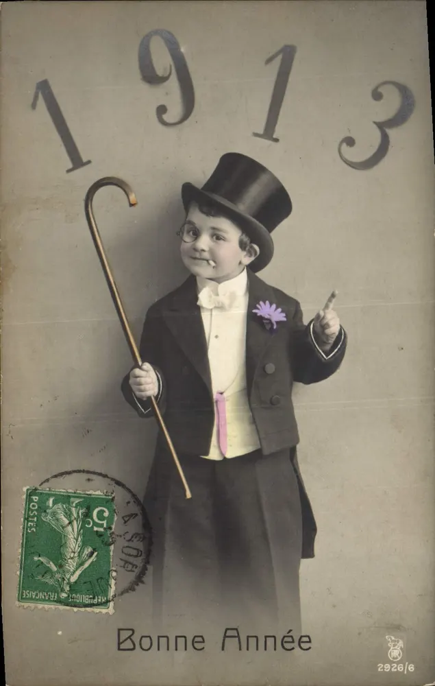 Kind im Abendkleid — Frohe Neujahr 1913 — unbekannter Verleger, Nr. 2928/6 - Vorderseite