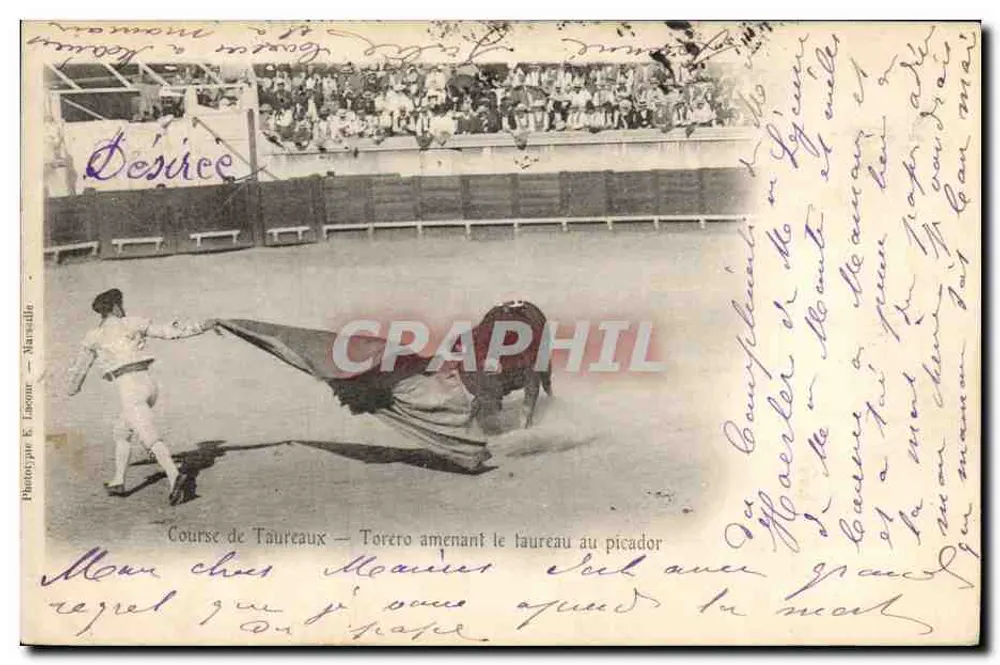 Stierkampf — Torero führt den Stier zum Picador — Phototype E. Jacone — Marseille - Vorderseite