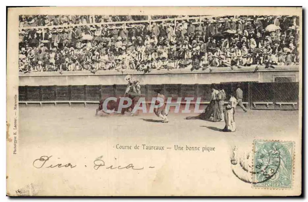 Corrida de touros — Uma boa pique — Phototype E. Lanour — Marselha - Frente