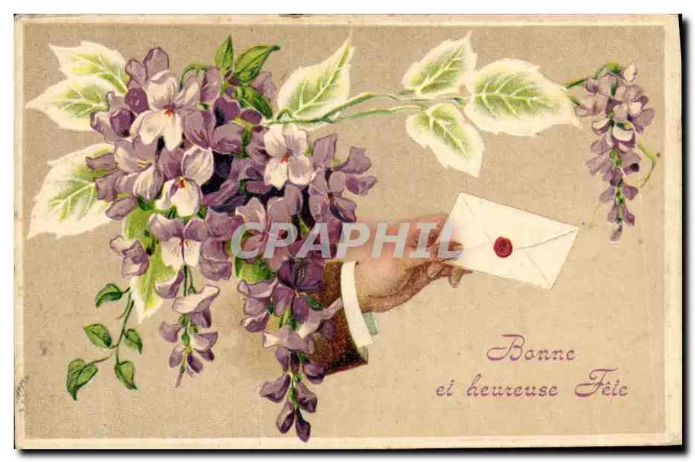Flores de violeta e mão segurando uma carta — Boa e feliz Festa — editor não visível - Frente