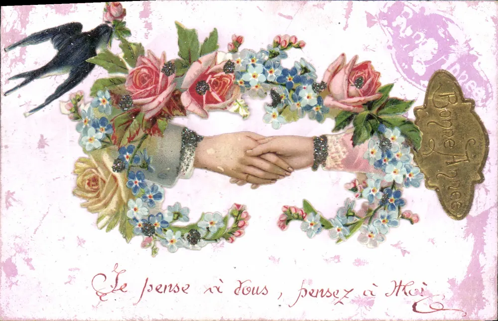 Duas mãos se segurando — cercadas de flores e de um pássaro — editor Boppe Appes - Frente
