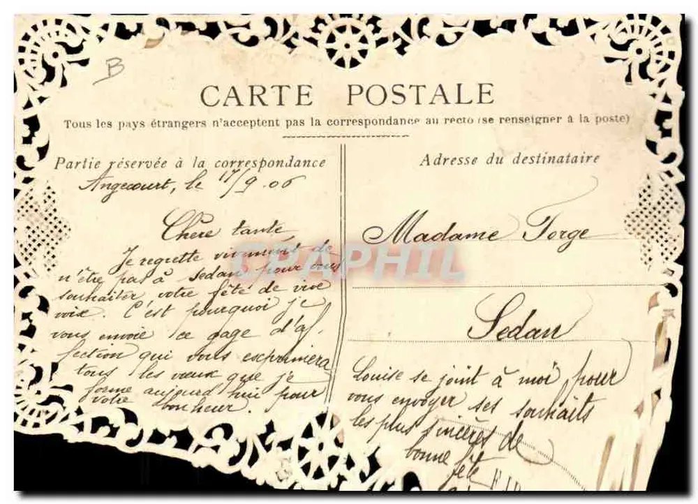 Flores e pomba — Lembrança — Carta postal decorada com renda - Verso