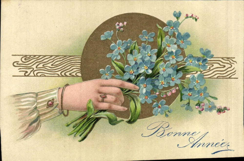 Mão segurando um buquê de flores azuis — Boa Ano — série 5865, editor União Postal Universal - Frente