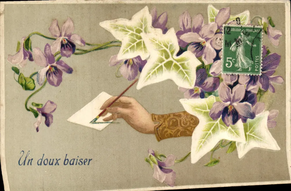 Violetas e mão escrevendo — Um beijo doce — F. P. UBLIOUR, FRANÇAIS, 5c - Frente