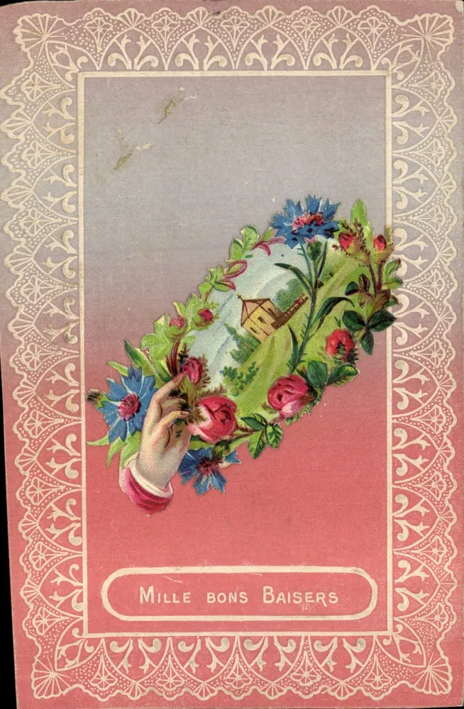 Mil beijos — carta postal decorativa com arranjo de flores e mão — editor: AU CHIEN FIDÈLE - Frente