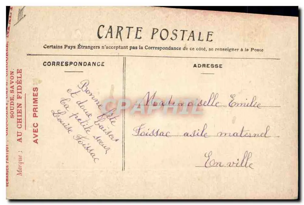 Mil beijos — carta postal decorativa com arranjo de flores e mão — editor: AU CHIEN FIDÈLE - Verso