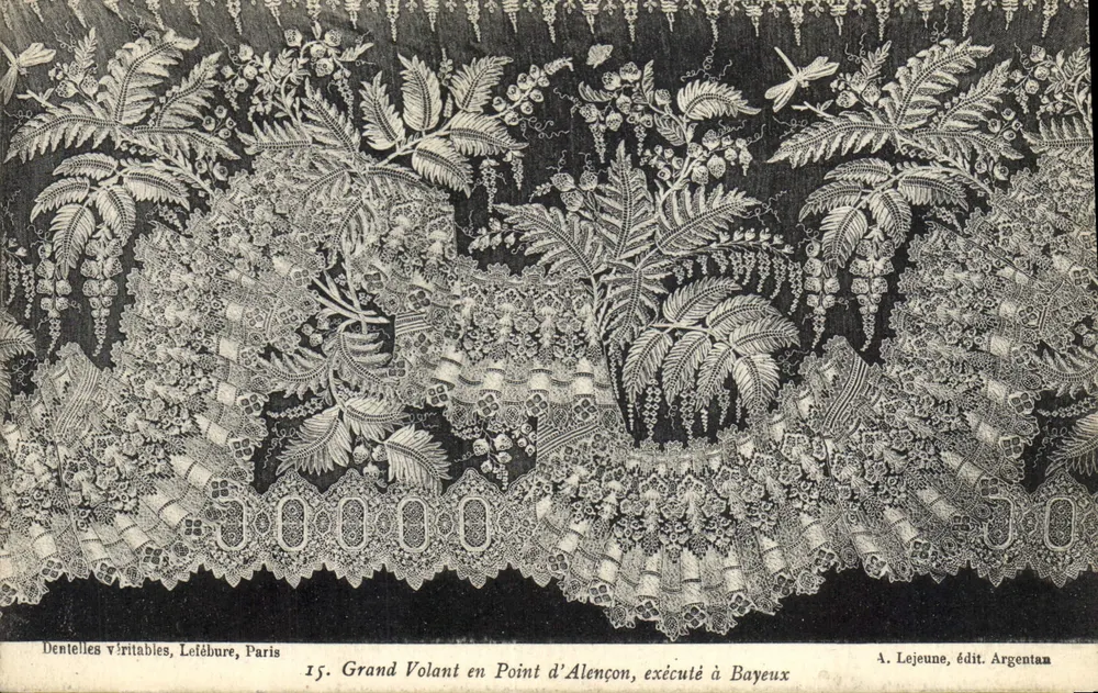 Echte Spitze, Lefébure, Paris — Grosser Volant in Point d'Alençon, in Bayeux hergestellt — A. Lejeune, Verlag, Argentan - Vorderseite