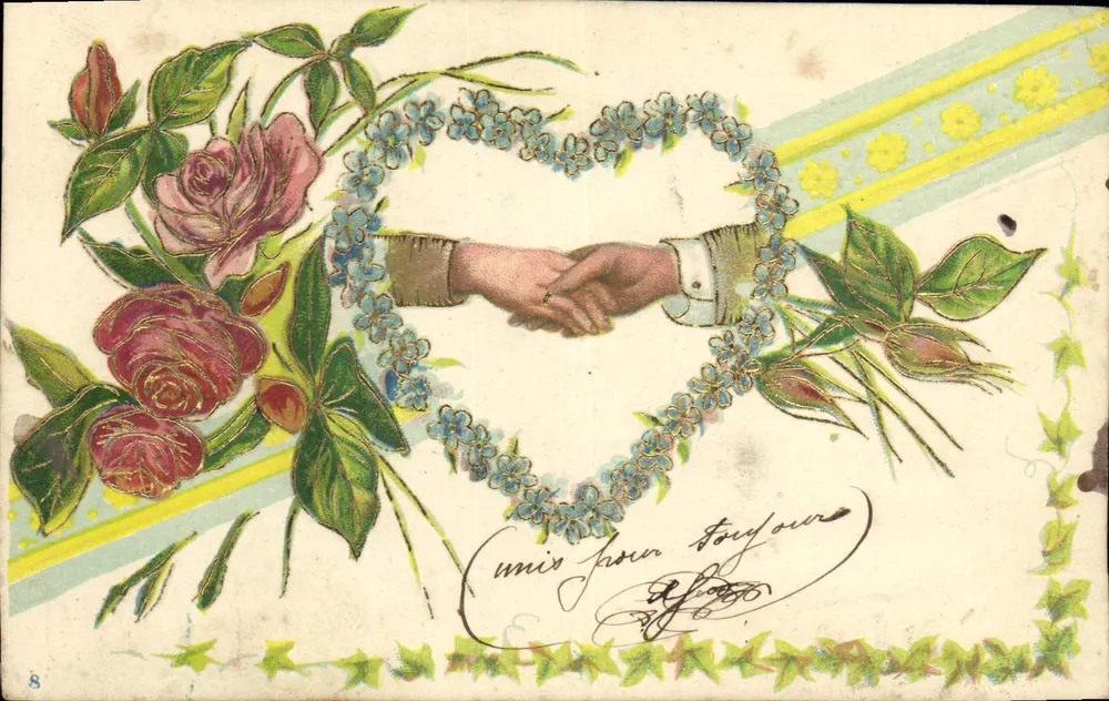 Main tendue dans un cœur de fleurs — éditeur : Weltpostverein, n°8 - Frente