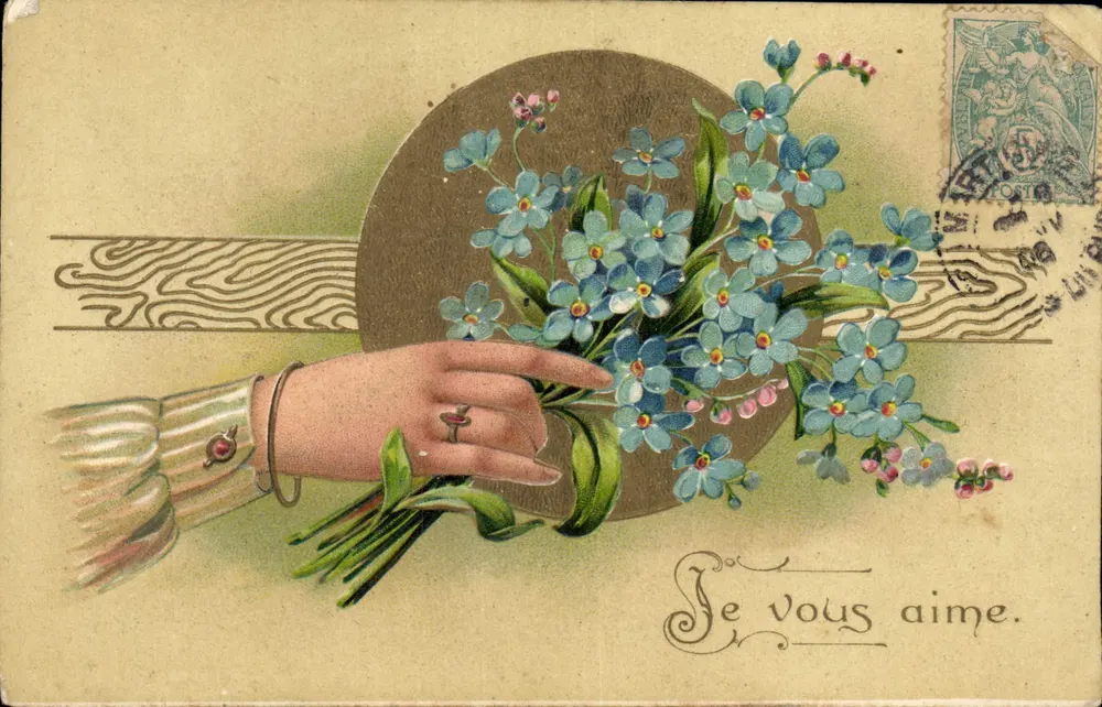 Mão oferecendo um buquê de flores azuis — Eu te amo. — Editor não visível, número de série não legível - Frente