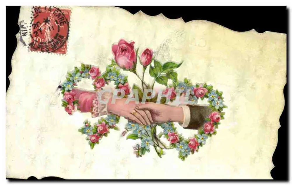 Mão feminina e mão masculina se apertando — cercadas de rosas e flores azuis — editor desconhecido - Frente