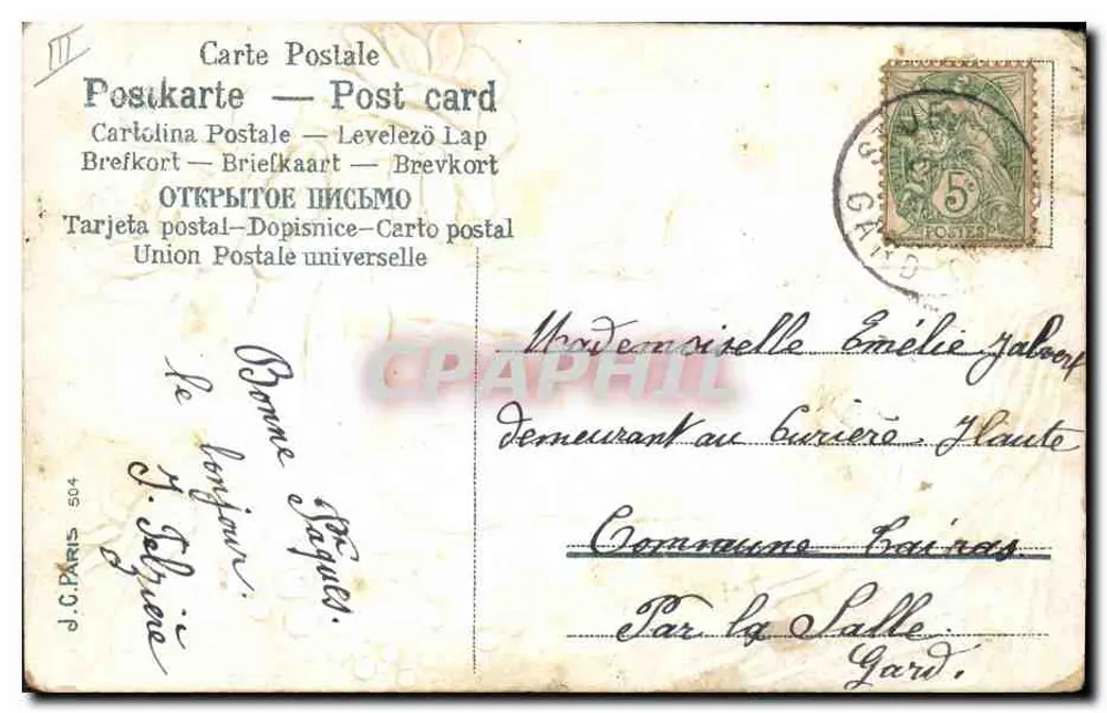 Mão segurando rosas — 'Bom Dia' — J.C. Paris n°504 - Verso