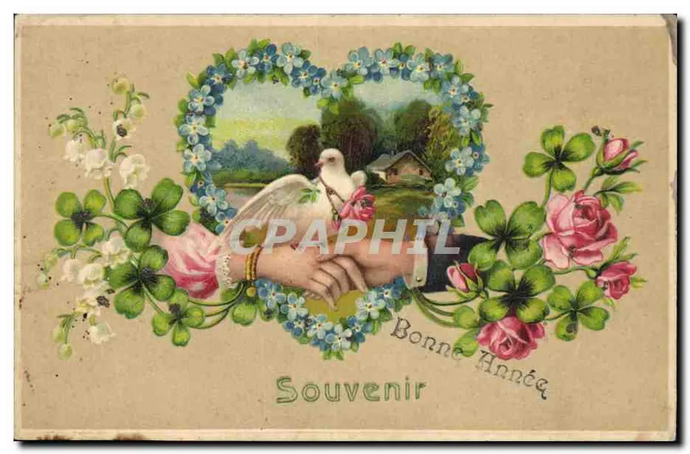 Mão segurando uma pomba em um quadro floral — Lembrança de Boas Festas — editor não visível - Frente