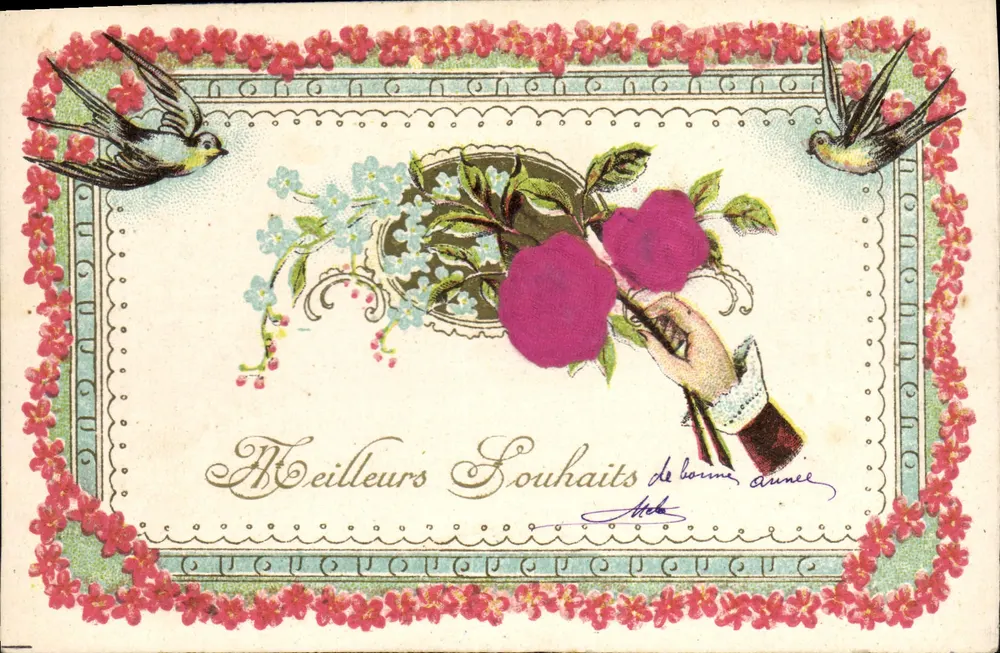 Arranjo de flores e pássaros — Melhores Desejos de Boas Festas — editor desconhecido - Frente