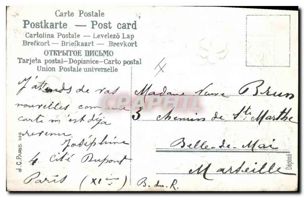 Bonne Hâte — paisagem fluvial com mão segurando flores — editor J.C. Paris - Verso