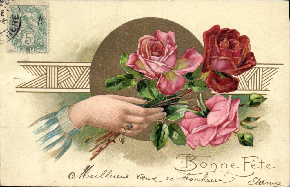 Mão com buquê de rosas — Feliz Aniversário — Editor série 5569 - Frente