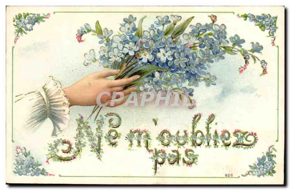 Mão segurando um buquê de flores azuis — Não me esqueça — editor não visível, n° de série 626 - Frente
