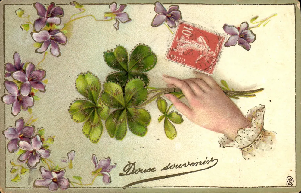 Flor de violeta e trevo — lembrança — editor desconhecido, número de série não visível - Frente