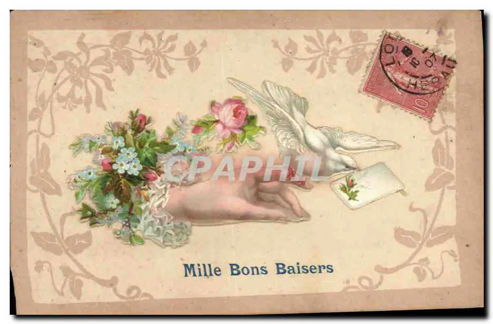 Abertura de carta postal — Mil Boas Beijos — selo de 10 centavos - Frente