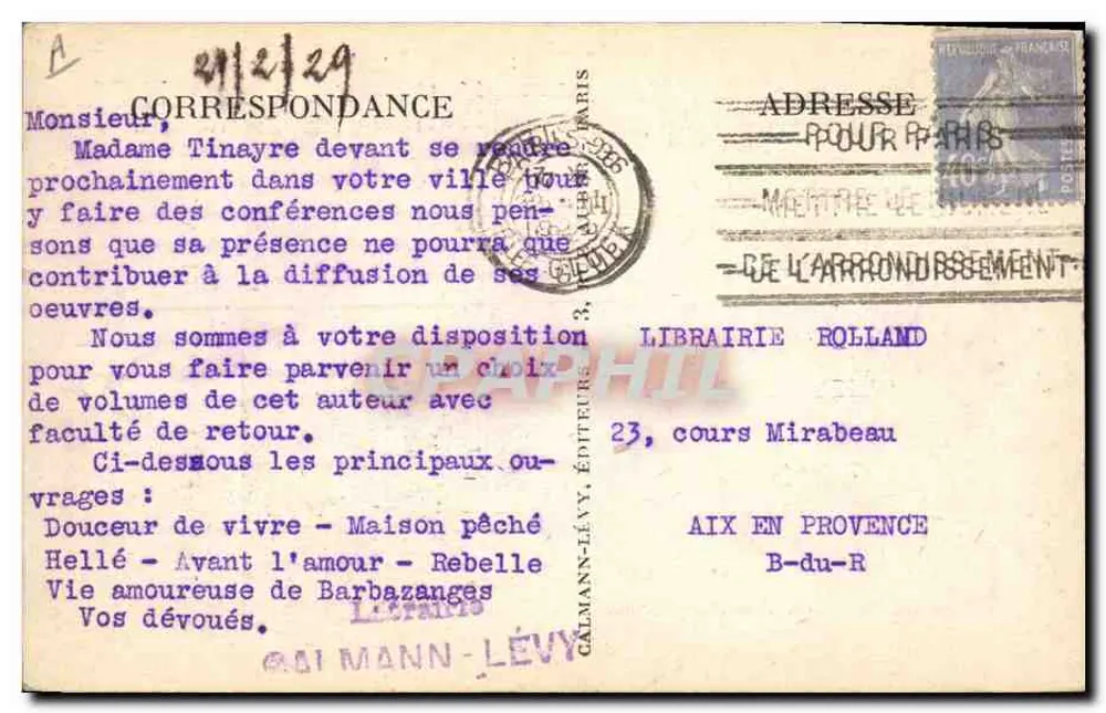 Madame Marcelle Tinayre — retrato — Librairie Lévy, Paris - Verso