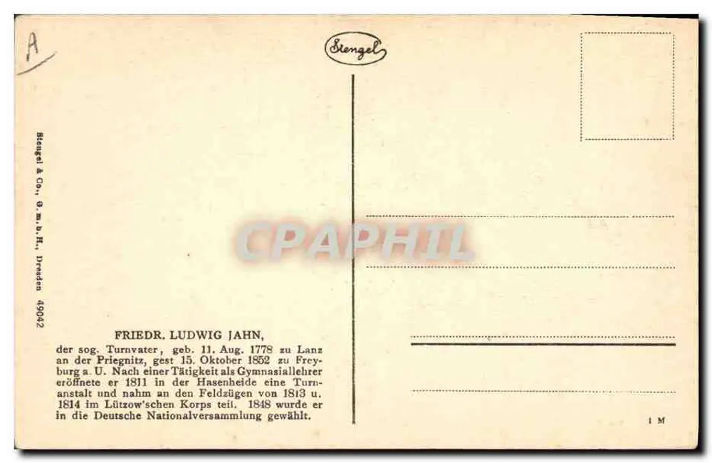 Friedrich Ludwig Jahn — Turnvater e pedagogo — Stengel & Co., Dresden 499042 - Verso