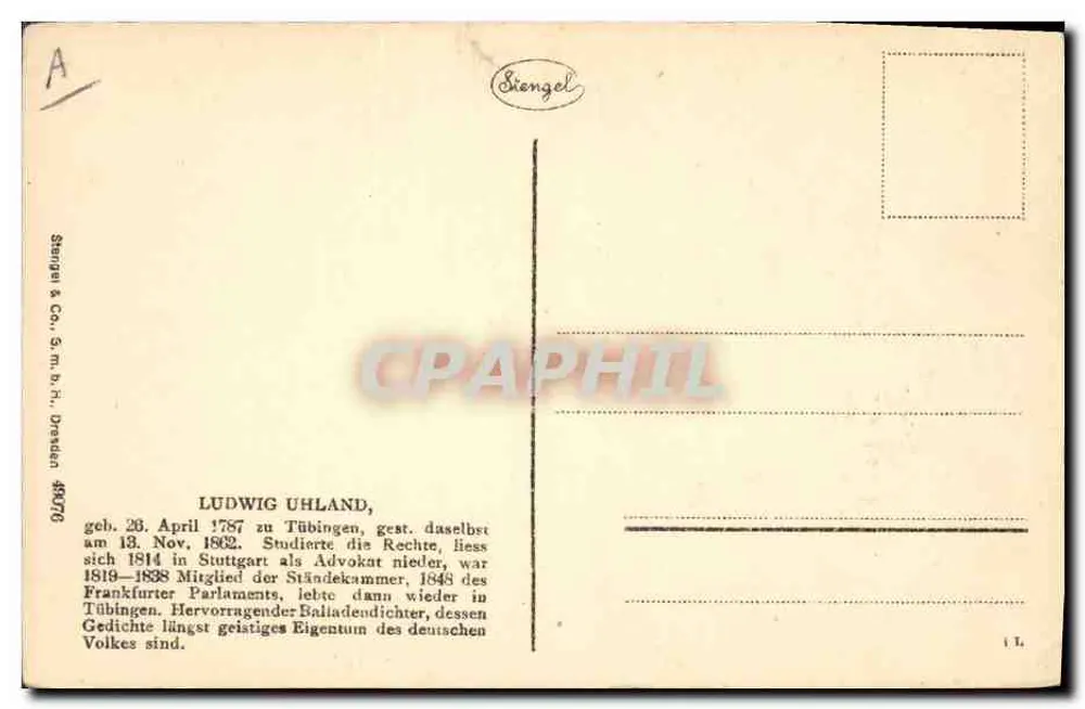 Ludwig Uhland — retrato gravado — Stengel & Co. n° 48076 - Verso