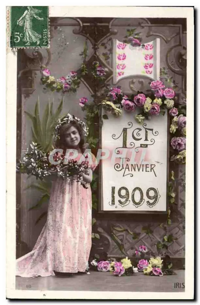 Neujahrstag 1909 — junges Mädchen in rosa Kleid — von IRIS veröffentlicht - Vorderseite