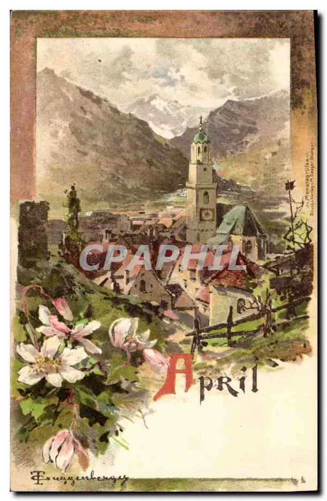 Fouguenberges — Vista do vilarejo com igreja e montanhas no fundo — editor anônimo - Frente