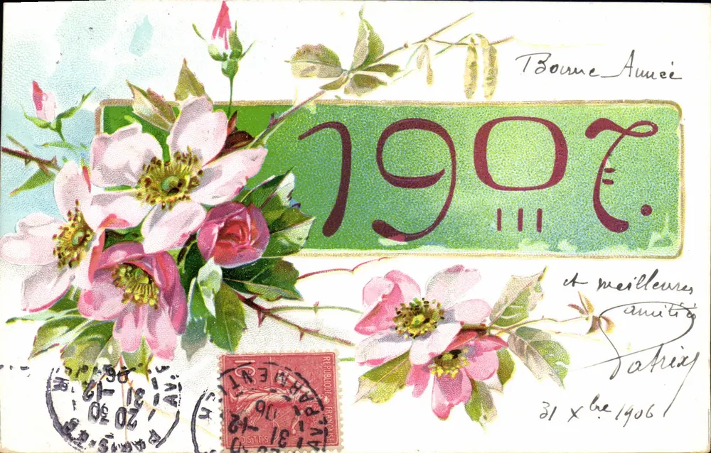 Flores de rosas — Boa Ano 1907 — Paris, França - Frente