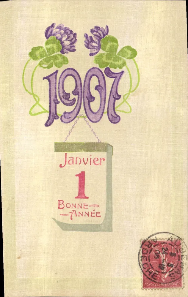 Año 1907 — Tarjeta de felicitación con calendario — Editor no identificado - Anverso