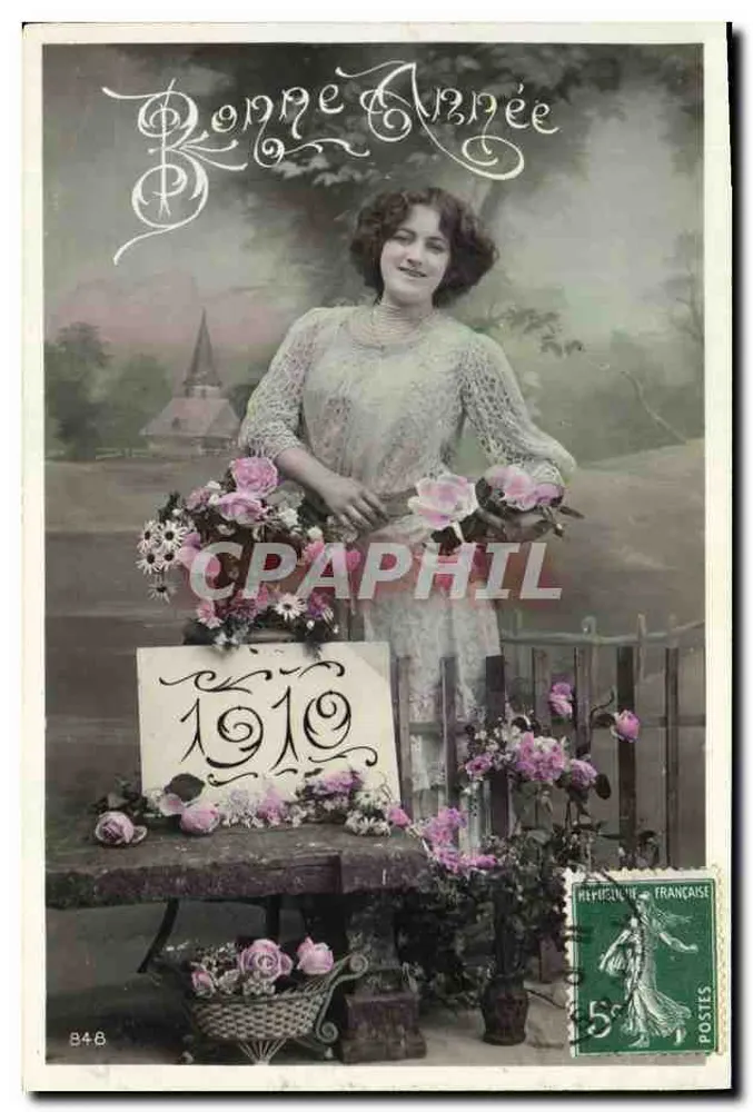 Frau mit Blumenstrauß — Frohes Neues Jahr 1910 — unbekannter Verlag, Nr. 848 - Vorderseite