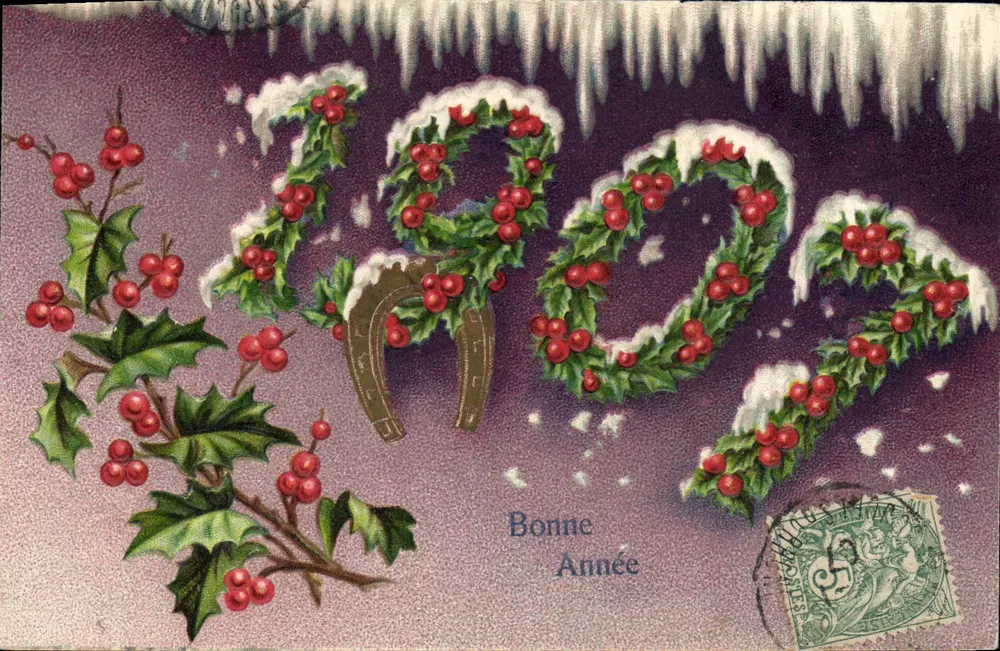 Frohes Neues Jahr 1902 — Weihnachtsdeko aus Tannen und Eis — S.A.B. Paris - Vorderseite