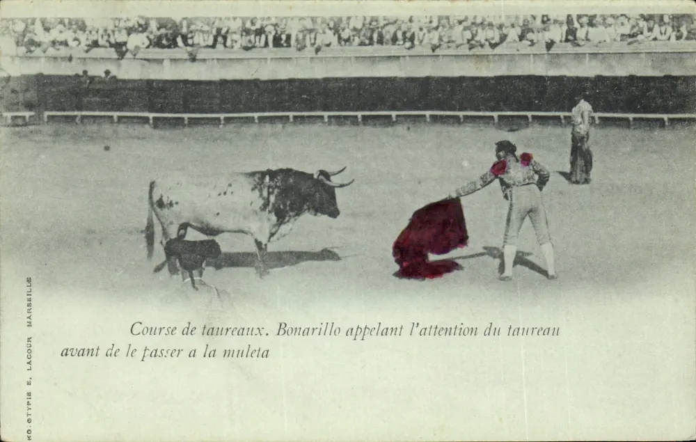 Stierkampf — Bonarillo ruft dem Stier vor dem Muleta-Wechsel zu — Phototypie E. Lacour, Marseille - Vorderseite