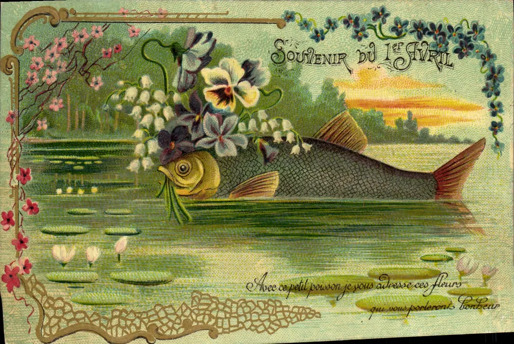 Fisch mit Blumen dekoriert — Erinnerung an den 1. April — Universal-Karte - Vorderseite