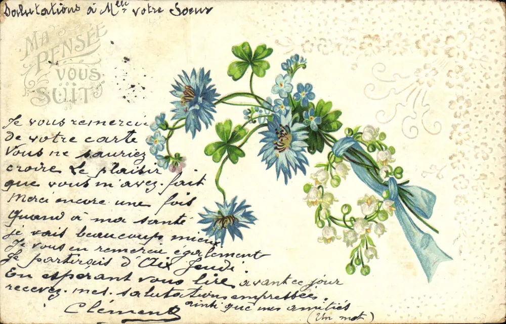 Flores azuis e brancas — Carta postal com texto manuscrito — Editor R.A.L.B. - Frente