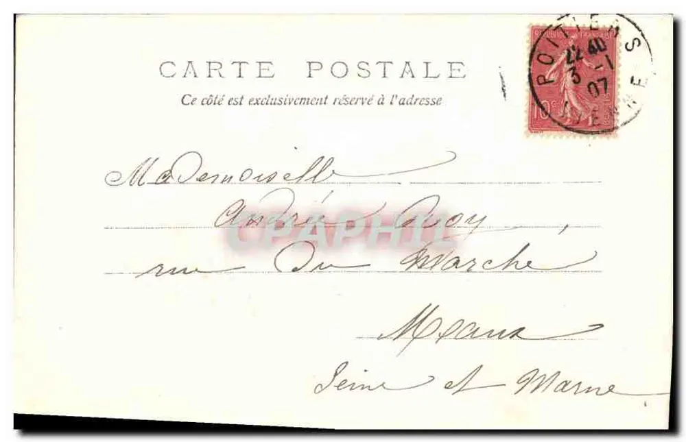 Flores de lavanda e fita azul — Bom Ano 1907 — carta postal manuscrita - Verso