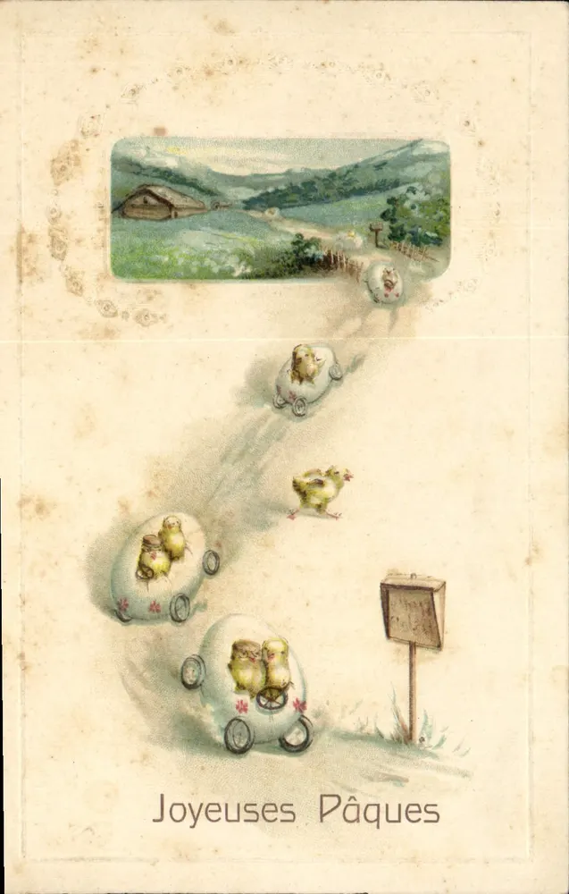 Poussins dans des voitures d'œufs — paysage de montagne — éditeur non visible - Vorderseite