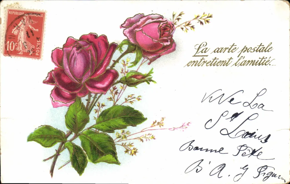 Roses — ansichtkaart met gedrukt tekst en handgeschreven bericht — uitgever niet zichtbaar - Voorkant
