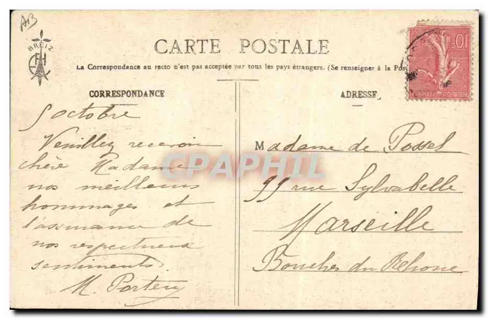 Les Coiffes Bretonnes — Retour des Champs (Environ de Brest) — Éditeur E. Hamonic, n° 597 - Verso