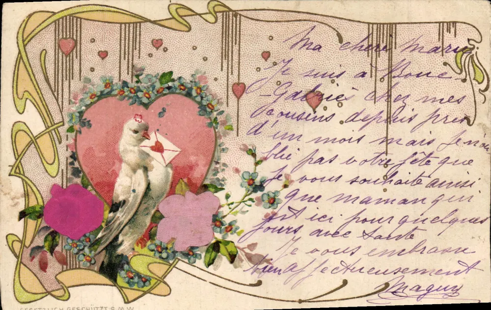 Pigeon et cœur décoratif — carte postale illustrée avec texte manuscrit — éditeur S.M.W. — n° 191 - Frente