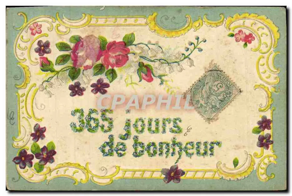 365 dias de felicidade — carta postal decorativa — K. F. Editores Paris, série 0108 bis - Frente