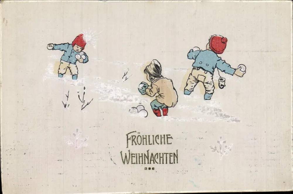 Crianças brincando na neve — Fröhliche Weihnachten — editor não visível - Frente