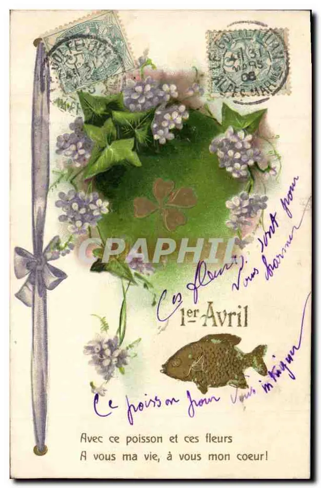 Fisch und Blumen — 1. April — Ansichtskarte der Universalpostalunion - Vorderseite