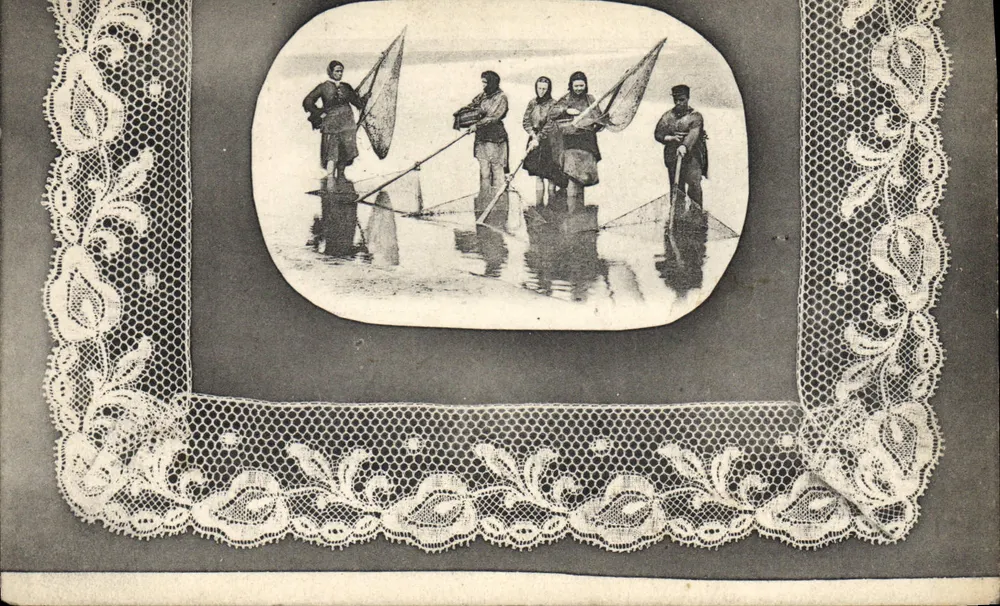 Pescadores sobre o gelo — cena de vida — Renda Valenciense e Malines, LL - Frente