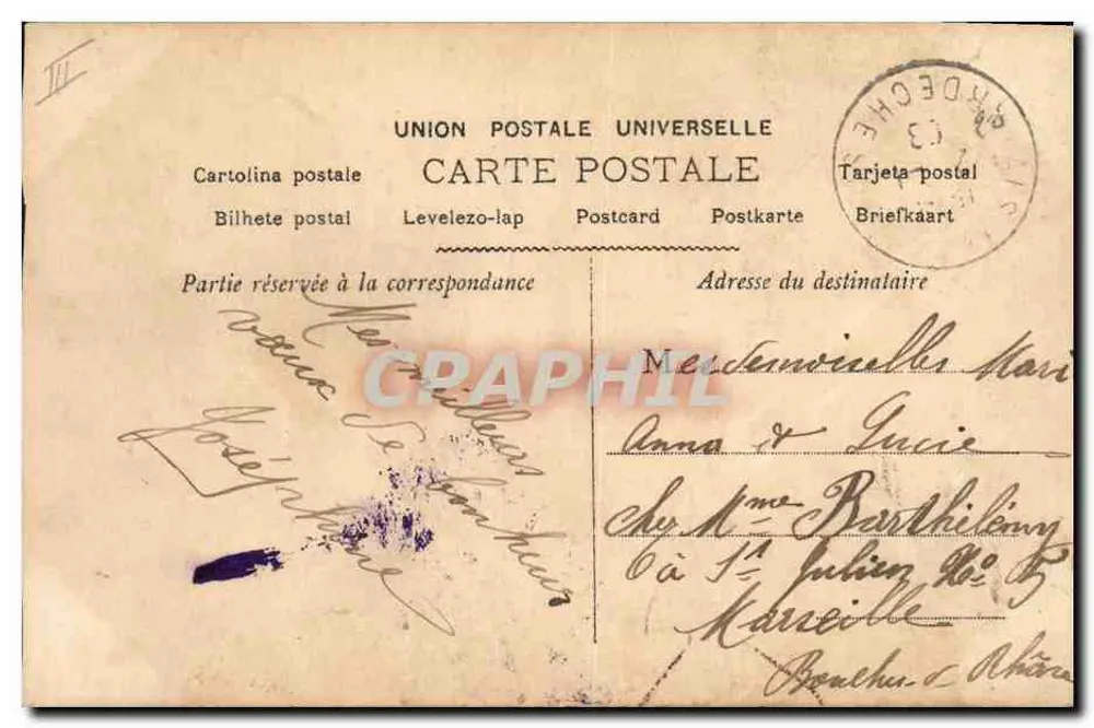 Vier Schauspielerinnen — Alda, Garrick, De Mornand, Léo René — auf einem Hintergrund eines Lilien-Fans — Verleger Flaubert, Paris - Rückseite