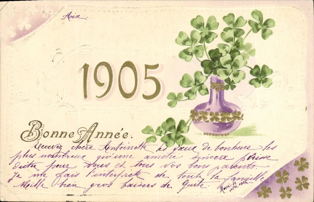 Guten Jahresbeginn 1905 — Kleeblätter und violetter Vase — Verlag K.F. GOTTINGEN, Paris, Serie 748 - Vorderseite