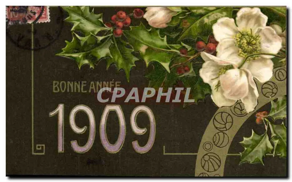 Bom Ano 1909 — decoração de visco e flores — editor não visível - Frente
