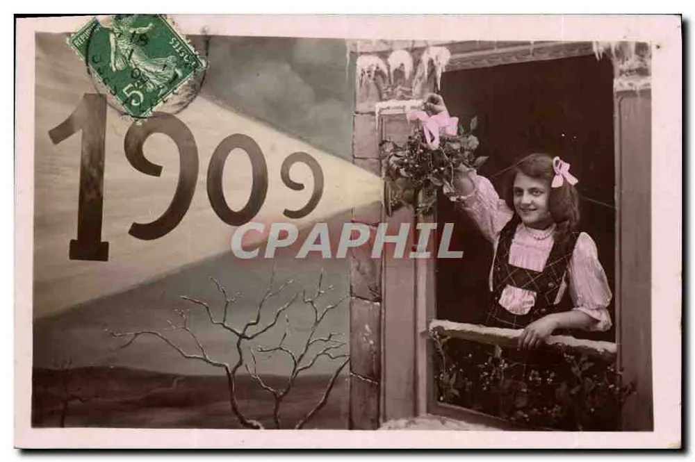 Mädchen am Fenster — Jahr 1909 — unbekannter Verlag - Vorderseite